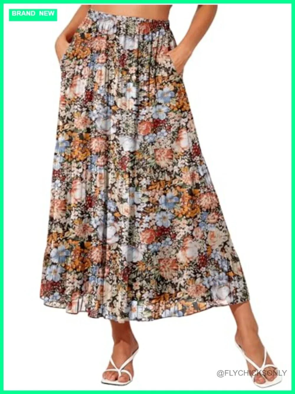 High Waisted Maxi Skirt, Chiffon, Elastic Waist, Pockets, Flowy
